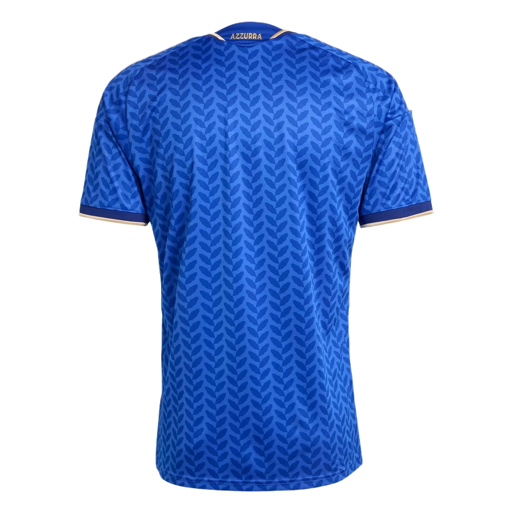 Back view of adidas Italy Home Kit 2026, blue, short sleeves, ‘AZZURRA’ in gold on back neck, no name or number.