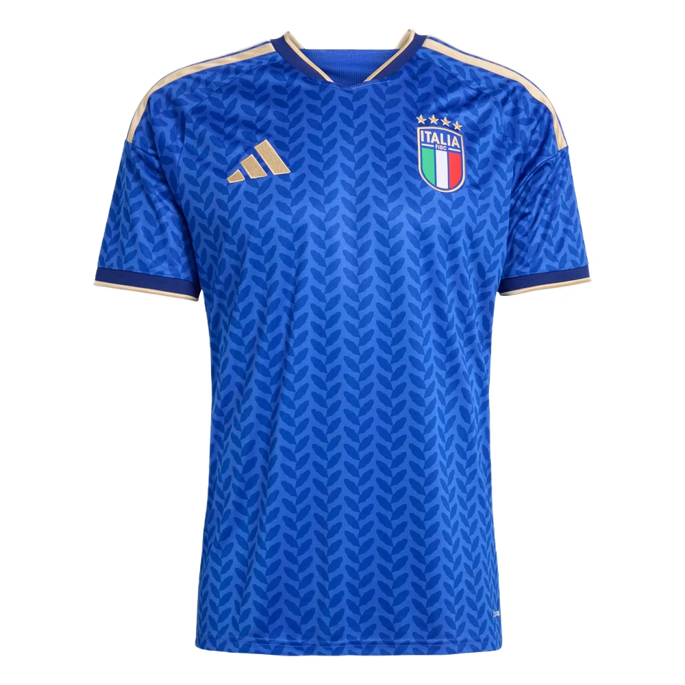 Adidas Italy Home Kit 2026, front view, blue base with gold accents, laurel-inspired details, short sleeves.