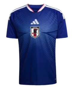 Adidas Japan Home Kit 2026, Japan Blue with Ash Blue accents, EQT collar, short sleeves, front view.