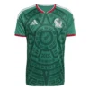 Adidas Mexico Home Jersey 2026, front view, green with Aztec-inspired motifs, EQT collar, short sleeves.