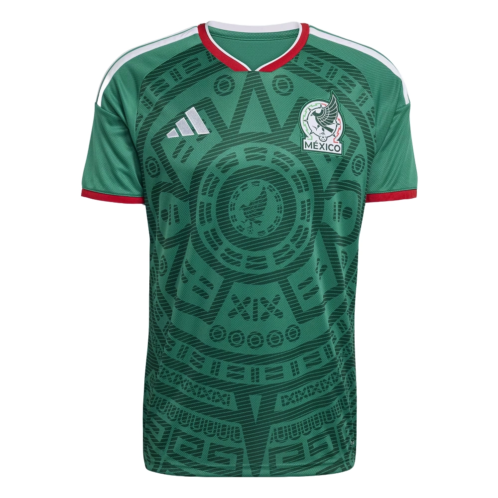 Adidas Mexico Home Jersey 2026, front view, green with Aztec-inspired motifs, EQT collar, short sleeves.