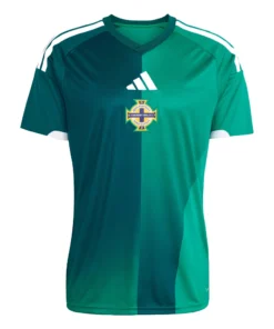 Adidas Northern Ireland Home Kit 2026, front view, teal and green base with white accents, V-neck collar, short sleeves.