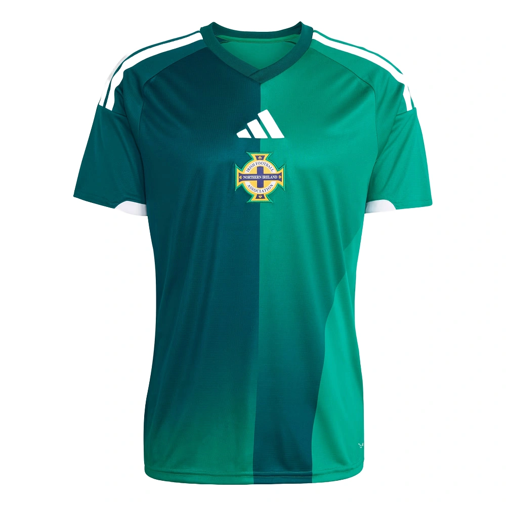Adidas Northern Ireland Home Kit 2026, front view, teal and green base with white accents, V-neck collar, short sleeves.