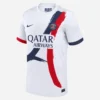 PSG Away Kit 25/26 by Nike, front shot, white with bold red and blue stripes, classic crewneck, short sleeves.