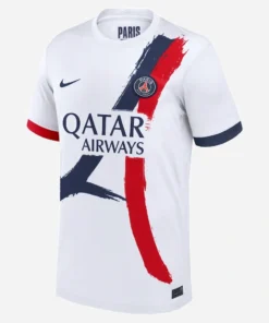 PSG Away Kit 25/26 by Nike, front shot, white with bold red and blue stripes, classic crewneck, short sleeves.