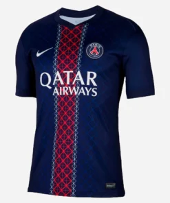 PSG Home Kit 25/26 by Nike, front view, midnight blue with red and white accents, v-neck, short sleeves.