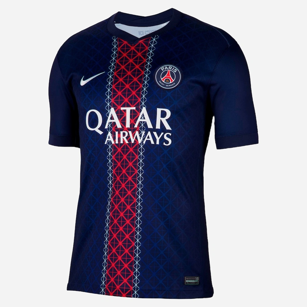 PSG Home Kit 25/26 by Nike, front view, midnight blue with red and white accents, v-neck, short sleeves.
