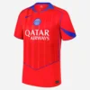 Nike PSG Third Kit 25/26, red, front view, faux-polo collar, short sleeves.