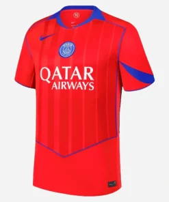 Nike PSG Third Kit 25/26, red, front view, faux-polo collar, short sleeves.