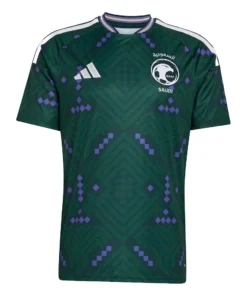 Adidas Saudi Arabia Home Kit 2026, front view, dark green base with purple and gold accents, short sleeves.