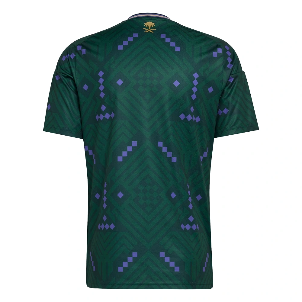 Back view of adidas Saudi Arabia Home Kit 2026, bold dark green with purple and gold accents, short sleeves, no name or number.