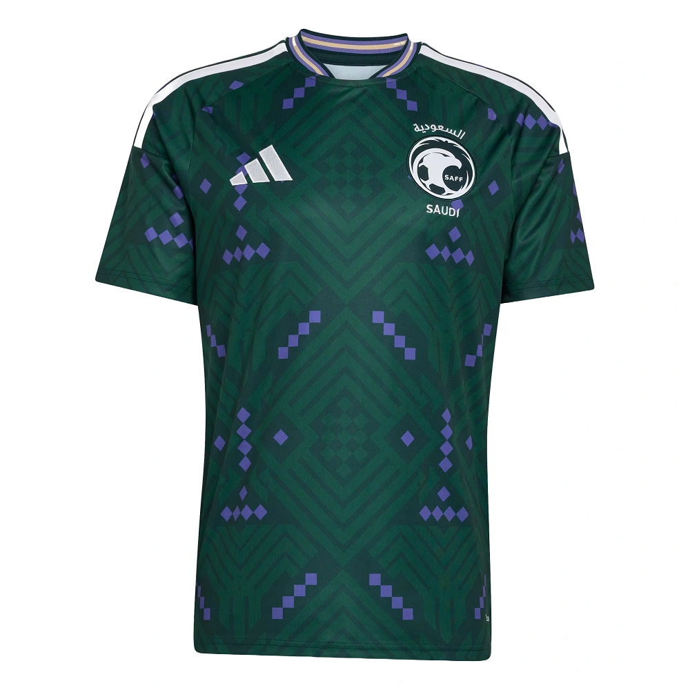 Adidas Saudi Arabia Home Kit 2026, front view, dark green base with purple and gold accents, short sleeves.