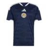 Adidas Scotland Home Kit 2026, front view, dark blue base with white accents, short sleeves.
