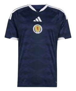 Adidas Scotland Home Kit 2026, front view, dark blue base with white accents, short sleeves.