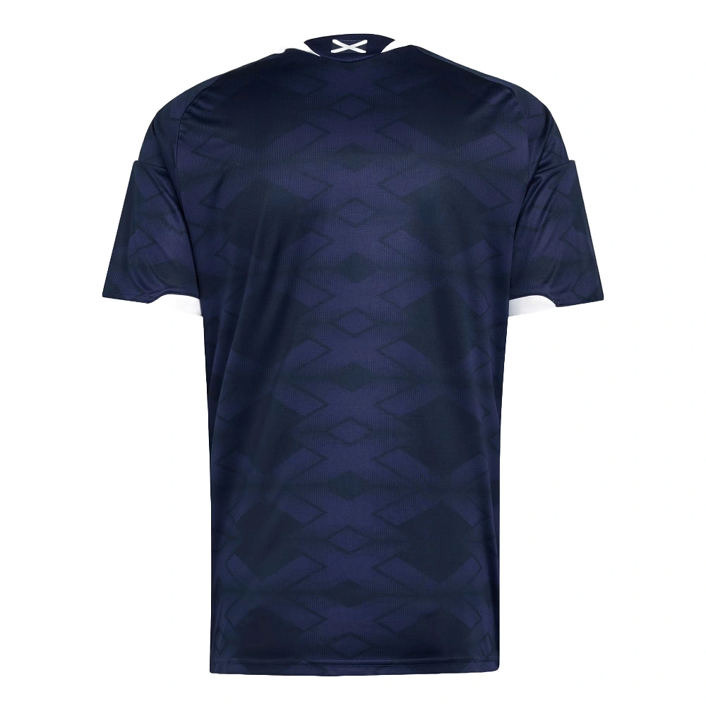 Back view of adidas Scotland Home Kit 2026 in dark blue, short sleeves, small Scotland flag at back neck, no name or number.