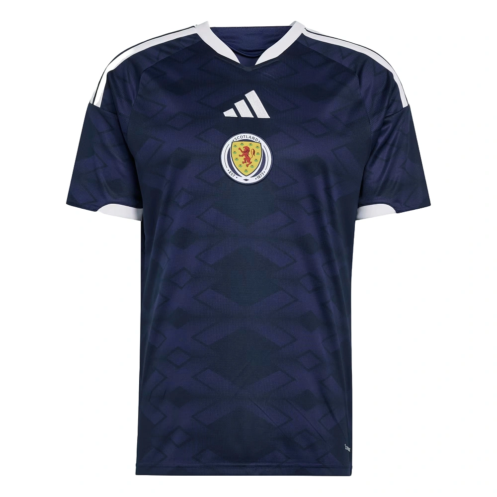 Adidas Scotland Home Kit 2026, front view, dark blue base with white accents, short sleeves.