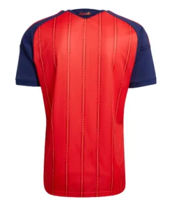 Back view of adidas Spain Home Kit 2026, front view, red base with yellow and navy accents, short sleeves, no name or number.