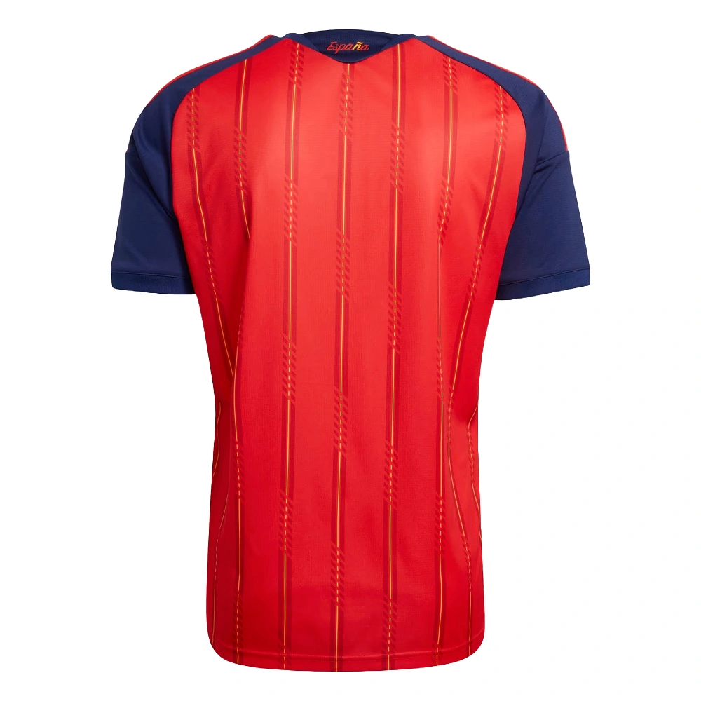 Back view of adidas Spain Home Kit 2026, front view, red base with yellow and navy accents, short sleeves, no name or number.