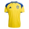 Adidas Sweden Home Kit 2026, front view, yellow base with blue and white accents, crewneck collar, short sleeves.