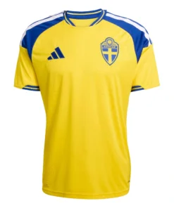 Adidas Sweden Home Kit 2026, front view, yellow base with blue and white accents, crewneck collar, short sleeves.
