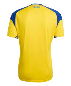 Back view of adidas Sweden Home Kit 2026, yellow with blue and white accents, short sleeves, no name or number.