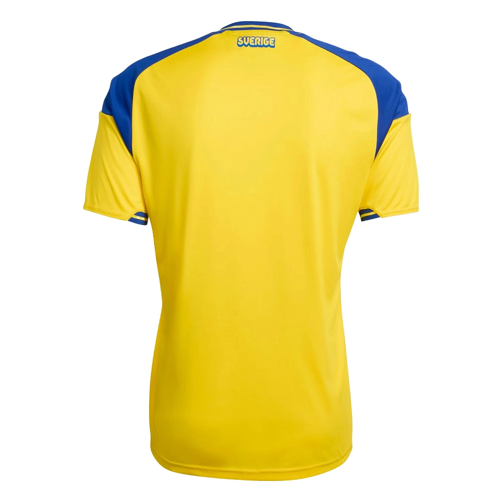 Back view of adidas Sweden Home Kit 2026, yellow with blue and white accents, short sleeves, no name or number.