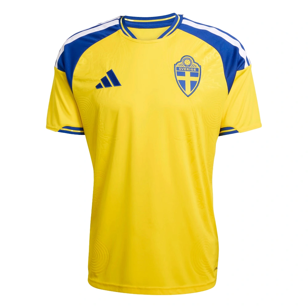 Adidas Sweden Home Kit 2026, front view, yellow base with blue and white accents, crewneck collar, short sleeves.