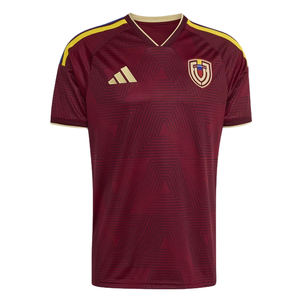 Adidas Venezuela Home Jersey 2026, front view, burgundy base, V-neck collar, short sleeves.