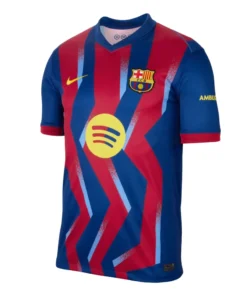 Nike FC Barcelona El Clásico Fourth Kit 25/26, blue and red zig-zag stripes, short sleeves, front view.