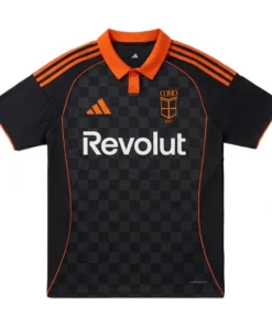 Adidas Como 1907 Third Kit 25/26, deep black with striking orange collar and short sleeves, front view.