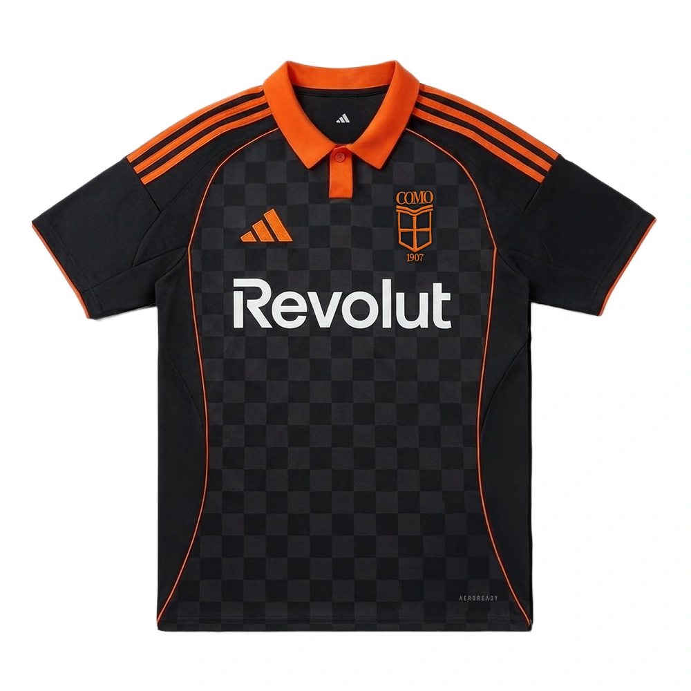 Adidas Como 1907 Third Kit 25/26, deep black with striking orange collar and short sleeves, front view.