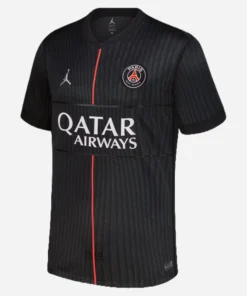 Jordan PSG Fourth Kit 25/26, black with red stripe, grey and pink accents, short sleeves, front view.