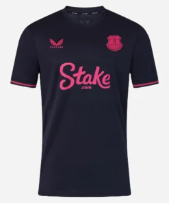 Everton Fourth Kit 25/26 by Castore, front view in dark blue with pink accents and abstract skyline graphic.