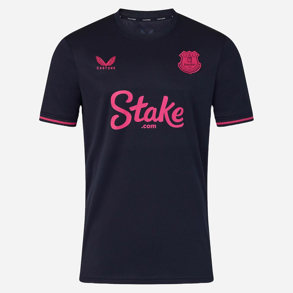 Everton Fourth Kit 25/26 by Castore, front view in dark blue with pink accents and abstract skyline graphic.