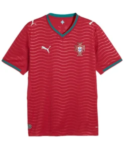 Front view of Portugal Home Kit 2026 by PUMA, striking red base with green accents, v-neck, short sleeves.