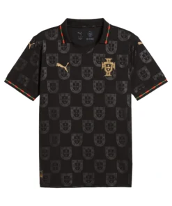 Front view of Special Edition Portugal Black Panther Kit 2026 by PUMA, bold black base with gold details, short sleeves.