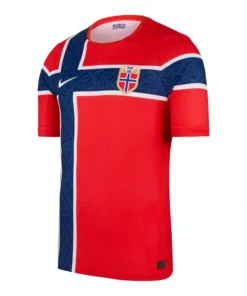 Norway Home Kit 2026 by Nike, front view in red with navy cross, short sleeves, crewneck.