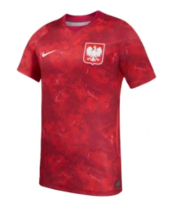 Poland Away Kit 2026 by Nike, front view in deep red with white accents, V-neck, short sleeves.