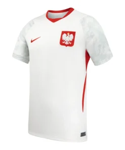 Poland Home Kit 2026 by Nike, front view in bright white with red V-neck collar, side panels, short sleeves.