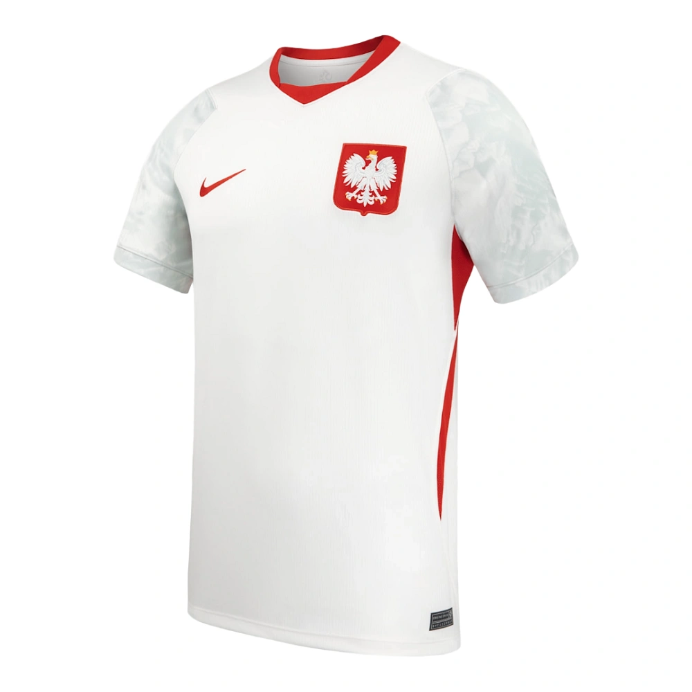 Poland Home Kit 2026 by Nike, front view in bright white with red V-neck collar, side panels, short sleeves.