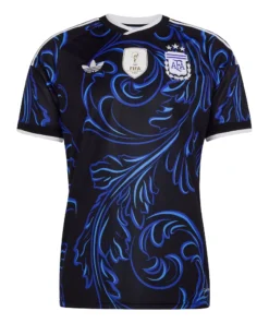 Argentina Away Kit 2026 by adidas, front view, black base with blue graphic pattern, crew neck, short sleeves.