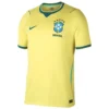 Nike Brazil Home Kit 2026, front view, yellow design, blue and green details, rounded notch collar, short sleeves.