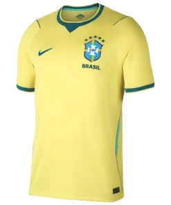 Nike Brazil Home Kit 2026, front view, yellow design, blue and green details, rounded notch collar, short sleeves.