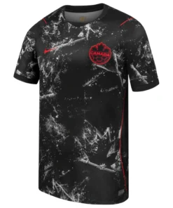 Nike Canada Away Jersey 2026, front view with black design, cracked ice pattern, maple leaf detail, short sleeves.