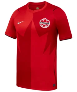 Nike Canada Home Jersey 2026, front view with bold red design, maple leaf graphic, short sleeves.