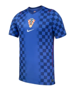 Front view of Croatia Away Kit 2026 by Nike in dark blue with tonal checkered pattern and V-neck short sleeves.