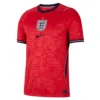 Nike England Away Kit 2026, front view with bold red base, navy and white accents, short sleeves, crewneck collar.