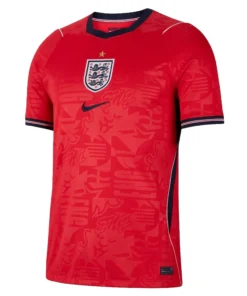 Nike England Away Kit 2026, front view with bold red base, navy and white accents, short sleeves, crewneck collar.