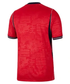 Nike England Away Kit 2026, back view with bold red base, navy and white accents, no name or number.