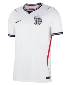 Nike England Home Kit 2026, front view with white base, navy detailing, red side accents, short sleeves, crewneck.